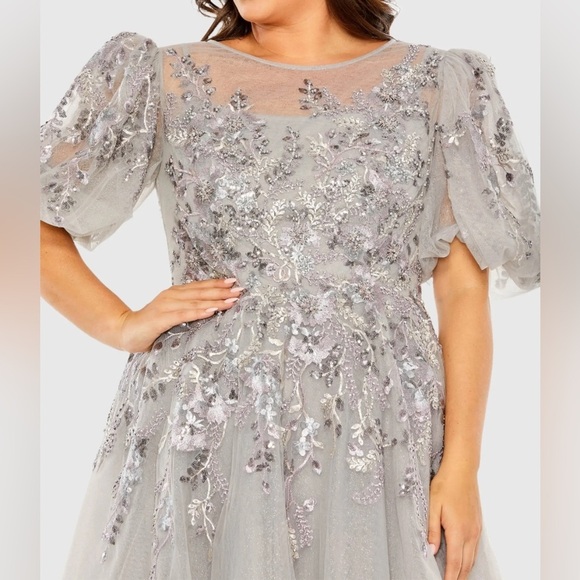 Mac Duggal 20475 Gray Puff Sleeve Glitter Embellished Dress - Picture 5 of 12